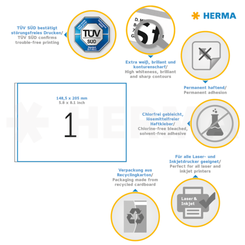 TÜV SÜD confirme une impression sans défaut. Extra blanc, brillant, adhésif permanent. Convient à toutes les imprimantes laser et à jet d'encre. Emballage en carton recyclé.