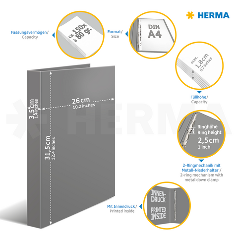 Stabiler Kartonordner im DIN A4 Format mit 4-Ringmechanik, Kapazität ca. 150 Blätter, Höhe der Ringe 2,5 cm.