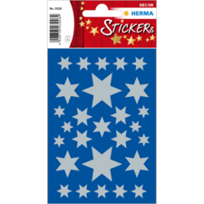 Blaue Sticker mit verschiedenen silbernen Sternen in unterschiedlichen Größen und Formen, verpackt in einer dekorativen Folie.