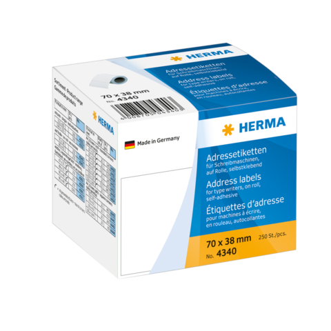 Selbstklebende Adressetiketten in einer Verpackung mit 250 Stück, Größe 70 x 38 mm, hergestellt in Deutschland.