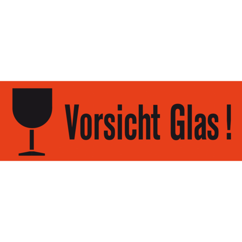 Achtungsschild mit der Aufschrift "Vorsicht Glas!" und einem Symbol eines Weinglases auf orangefarbenem Hintergrund.