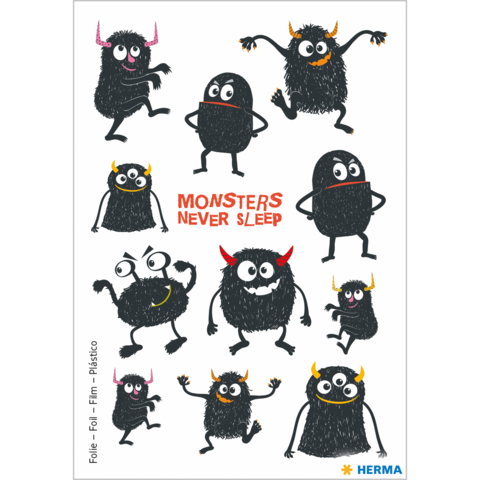 Eine Sammlung von bunten, cartoonhaften Monstern in verschiedenen Posen, mit dem Text "MONSTERS NEVER SLEEP" in der Mitte.