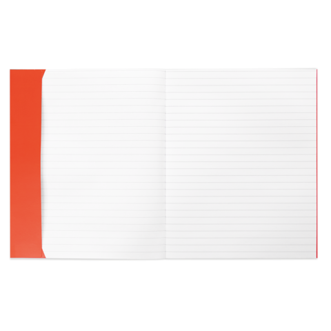 Offenes Notizbuch mit linierten Seiten und rotem Einband. Die Seiten sind leer und bereit zum Beschreiben oder Notieren.