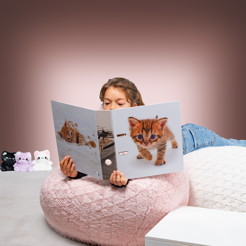 Un enfant est assis dans un grand pouf rond et lit un dossier avec une image d'un chaton sur la couverture.