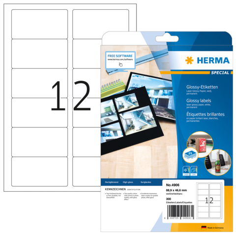 Packung mit glänzenden Etiketten von Herma, inklusive 300 Etiketten in der Größe 89,4 x 66 mm. Vorderseite zeigt Beispiele und Softwarehinweis.