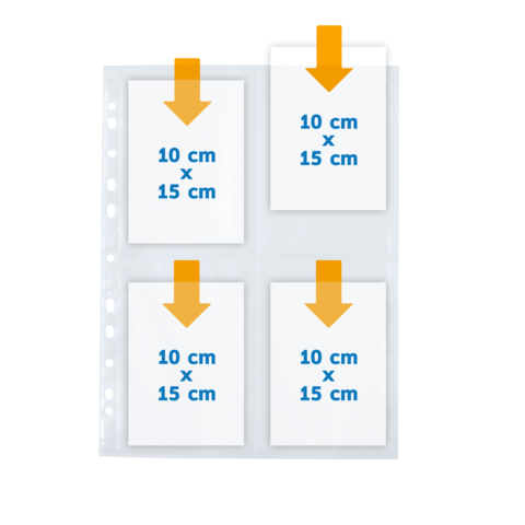 Vier transparente Taschen mit Platz für Fotos in den Größen 10 cm x 15 cm, angeordnet in zwei Reihen.