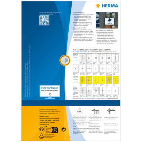 Anleitung für die Verwendung von HERMA-Produkten, einschließlich QR-Code, Softwareinformationen und Anwendungsbeispielen.