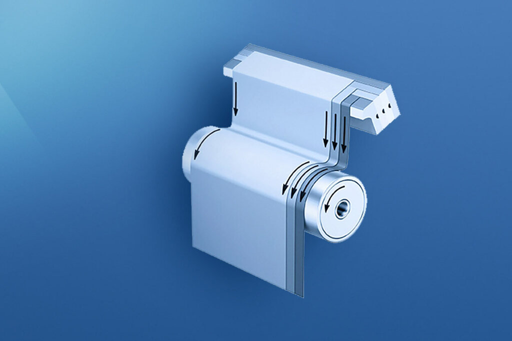 Distributeur de papier toilette avec un rouleau de papier toilette, sur un fond bleu.