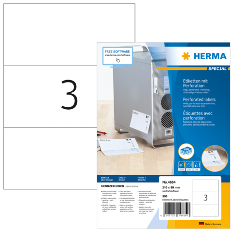 Perforierte Etikettenpackung von Herma, mit der Nummer 3, enthält 300 Etiketten. Hinweis auf kostenlose Software zur Gestaltung.