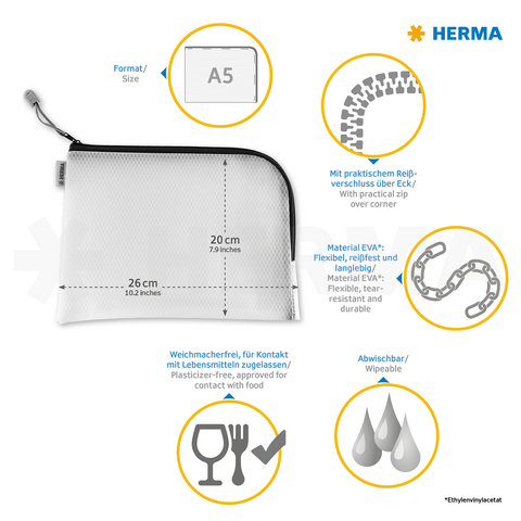 Trousse blanche au format A5 avec fermeture éclair, en matériau EVA, lavable et compatible avec les aliments, idéale pour le contact avec les denrées alimentaires.