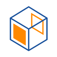 Un cube stylisé avec des faces bleues et orange, représentant des formes géométriques.