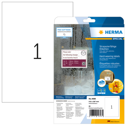 Etikettenpackung von HERMA mit strapazierfähigen Etiketten, Größe 210 x 297 mm, 25 Stück, inklusive Softwarehinweis.