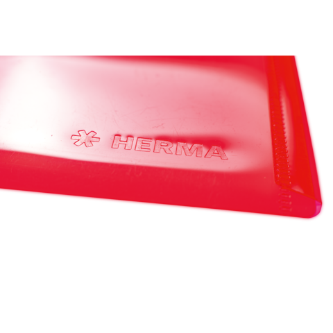Rote transparente Hülle mit dem eingeprägten Logo "HERMA" auf der Oberfläche.