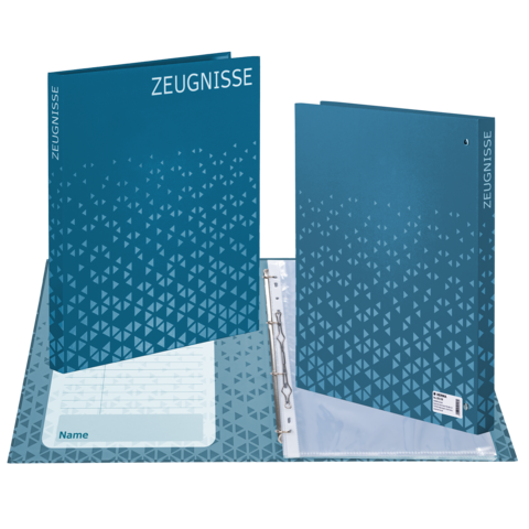 Un classeur bleu intitulé "TÉMOIGNAGES", ouvert et montrant une pochette transparente pour des documents.