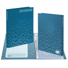 Un classeur bleu intitulé "TÉMOIGNAGES", ouvert et montrant une pochette transparente pour des documents.