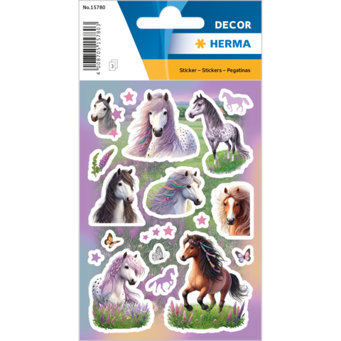 Aufkleber mit verschiedenen Pferdemotiven, darunter einfarbige und gefleckte Pferde, Schmetterlinge und Herzen auf einem bunten Hintergrund.