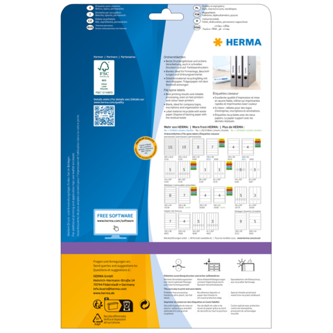Rückseite einer Verpackung für HERMA Produkte mit Informationen zu Software, Anwendungshinweisen und einer Übersicht der Etikettenformate.