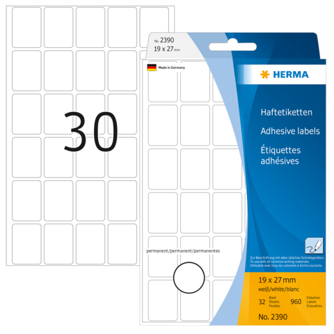 Haftetiketten von HERMA, 19 x 27 mm, 32 Etiketten pro Blatt, insgesamt 960 Etiketten, permanent haftend.