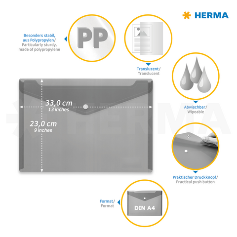 Chemise A4 transparente en polypropylène, essuyable, avec un bouton-pression pratique et des dimensions de 33 cm x 23 cm.