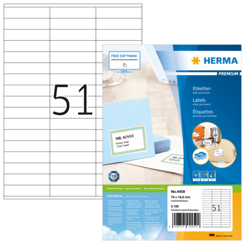 Etikettenpackung von HERMA mit der Nummer 4459, enthält 100 selbstklebende Etiketten in der Größe 70 x 149 mm.