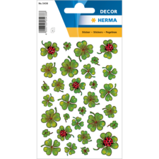 Aufkleber mit verschiedenen grünen Kleeblättern und Marienkäfern in unterschiedlichen Größen und Designs.