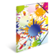 Bunte Ordner mit Farbklecksen in verschiedenen Formen und Größen, die lebendige Farben wie Blau, Gelb, Rot und Grün zeigen.