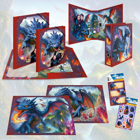 Fournitures scolaires colorées avec un motif de dragon, y compris des classeurs, des pochettes et des autocollants, qui présentent un paysage fantastique.
