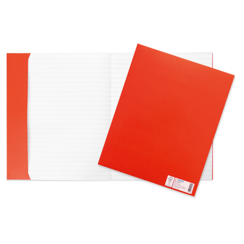 Rotes Heft und Ordner auf einem weißen Hintergrund, das Heft hat liniertes Papier und der Ordner ist geschlossen.