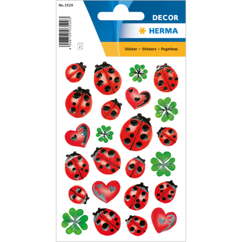 Aufkleberbogen mit verschiedenen Motiven, darunter Marienkäfer, Herzen und Kleeblätter in leuchtenden Farben.