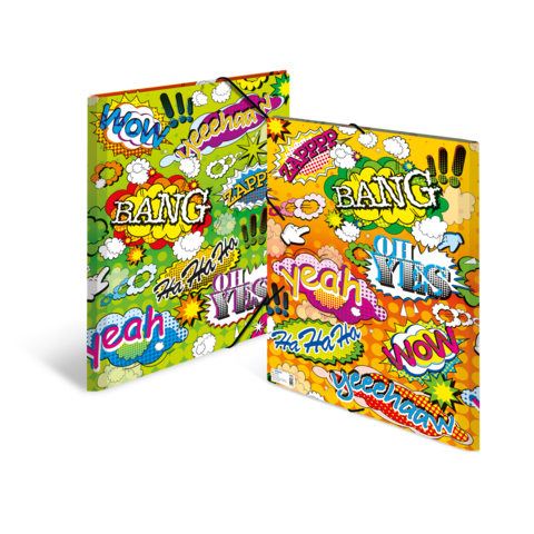 Bunte Cover mit Comic-ähnlichen Ausdrücken wie "WOW", "BANG" und "OH YES" in verschiedenen Farben und Schriftarten.