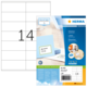 Etikettenpackung mit 14 selbstklebenden Etiketten, inklusive Beispiel für die Verwendung und Hinweis auf kostenlose Software.