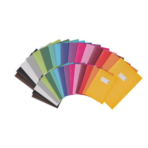 Bunte Ordner in verschiedenen Farben, angeordnet in einem Halbkreis. Einige Ordner haben Etiketten auf der Vorderseite.