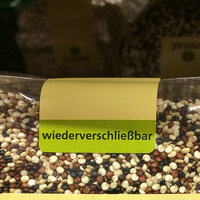 Étiquettes de fermeture : étiquettes de fermeture réimprimées sur un emballage de grains.