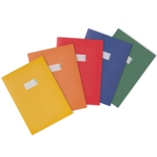 Fünf farbige Ordner in Gelb, Orange, Rot, Blau und Grün, jeweils mit einem Etikett auf der Vorderseite.