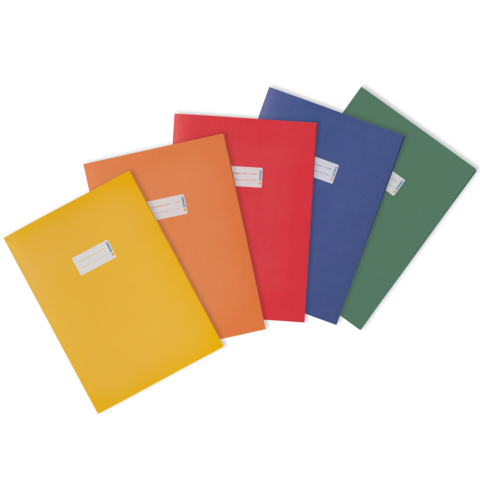 Fünf farbige Ordner in Gelb, Orange, Rot, Blau und Grün, jeweils mit einem Etikett auf der Vorderseite.