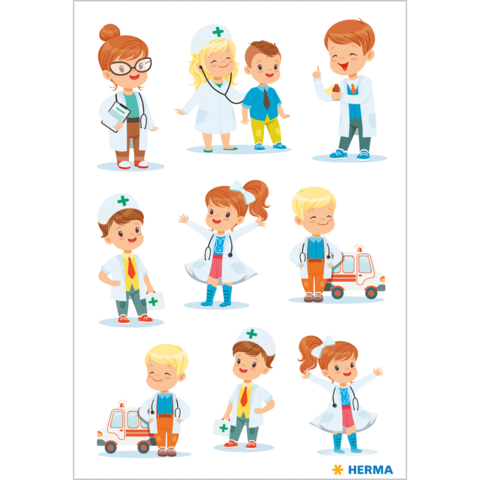 Verschiedene Kinder und Erwachsene in Arzt- und Krankenschwestenkleidung, einige mit medizinischen Utensilien, andere mit einem Krankenwagen.