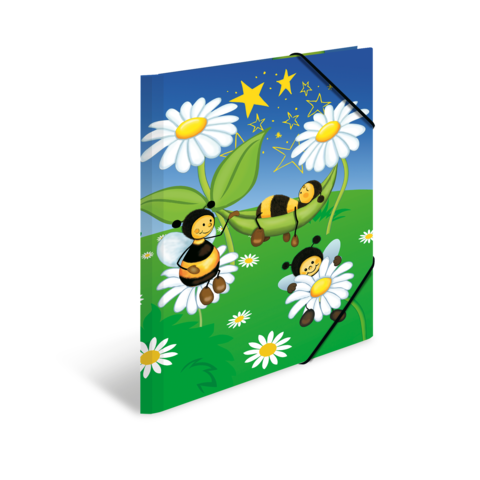Bunte Zeichnung von Bienen, die um große, weiße Margeriten fliegen, vor einem blauen Himmel mit Sternen.