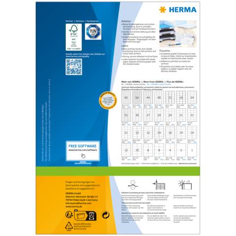 Produktinformation von HERMA mit Details zu Etiketten, Software und QR-Code für weitere Informationen. Enthält eine Tabelle mit Größenangaben.