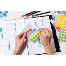 Eine Person hält ein Blatt mit bunten Aufklebern über einem geöffneten Planer, der mit Wochenübersichten gefüllt ist.