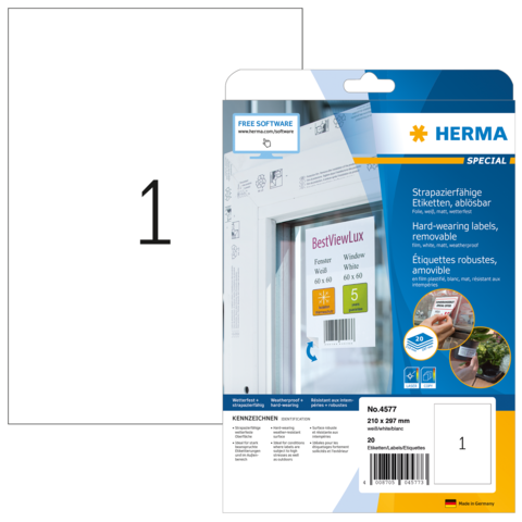 Packung mit strapazierfähigen, ablösbaren Etiketten von Herma, inklusive Softwarehinweis und Produktdetails.