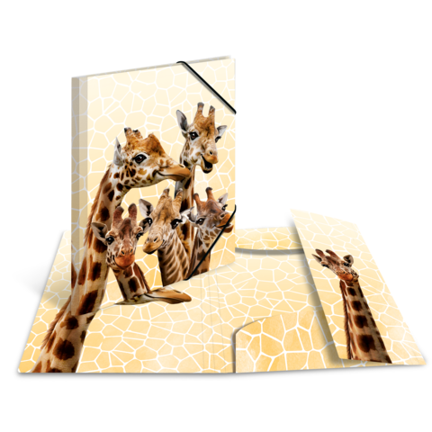 Ein Notizbuch und ein Lesezeichen mit verschiedenen Giraffenmotiven auf einem hellen, strukturierten Hintergrund.