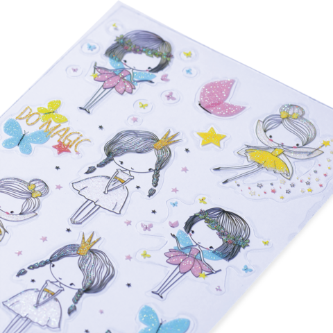 Bunte Aufkleber mit verschiedenen Mädchenfiguren, Feen und Sternen, die in verschiedenen Posen und Kleidern dargestellt sind.