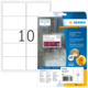 Ein Blatt mit 10 robusten Etiketten, verpackt in einer durchsichtigen Hülle. Hinweise zur Verwendung und Software sind auf der Verpackung.