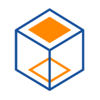 Un cube stylisé avec un carré orange et des lignes bleues qui représentent un symbole de code.