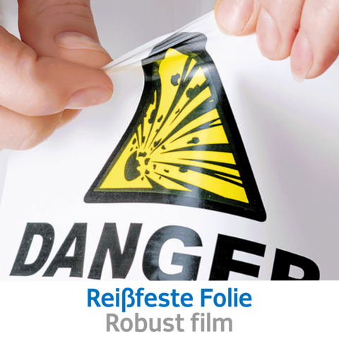 Eine Person zieht an einer Warnfolie mit dem Symbol für Gefahr, die den Text "Reißfeste Folie" und "Robust film" enthält.