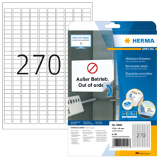 Packung mit ablösbaren Etiketten von Herma, 270 Stück, inklusive Anweisungen und Softwarehinweis.
