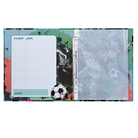 Un cahier de football avec un fond coloré, de la place pour le nom, la classe et l'année, ainsi que des illustrations de footballeurs et d'un ballon.