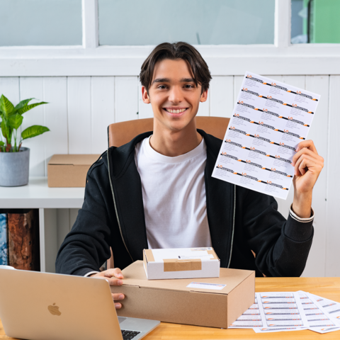 Un jeune homme est assis à une table, sourit et tient une feuille avec des autocollants à la main. Devant lui se trouvent une boîte et un ordinateur portable.