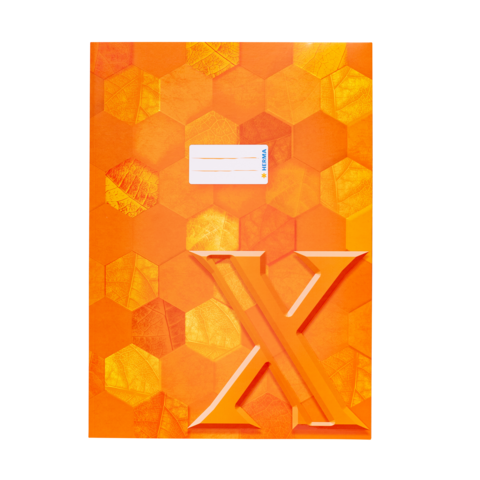 Orangefarbener Ordner mit hexagonalem Muster und hervorgehobenem Buchstaben "X" auf der Vorderseite.