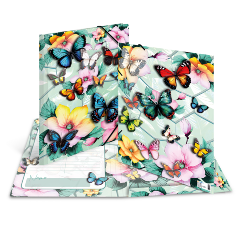 Des papillons colorés et des fleurs sur un bloc-notes et un dossier, présentant un design floral joyeux.